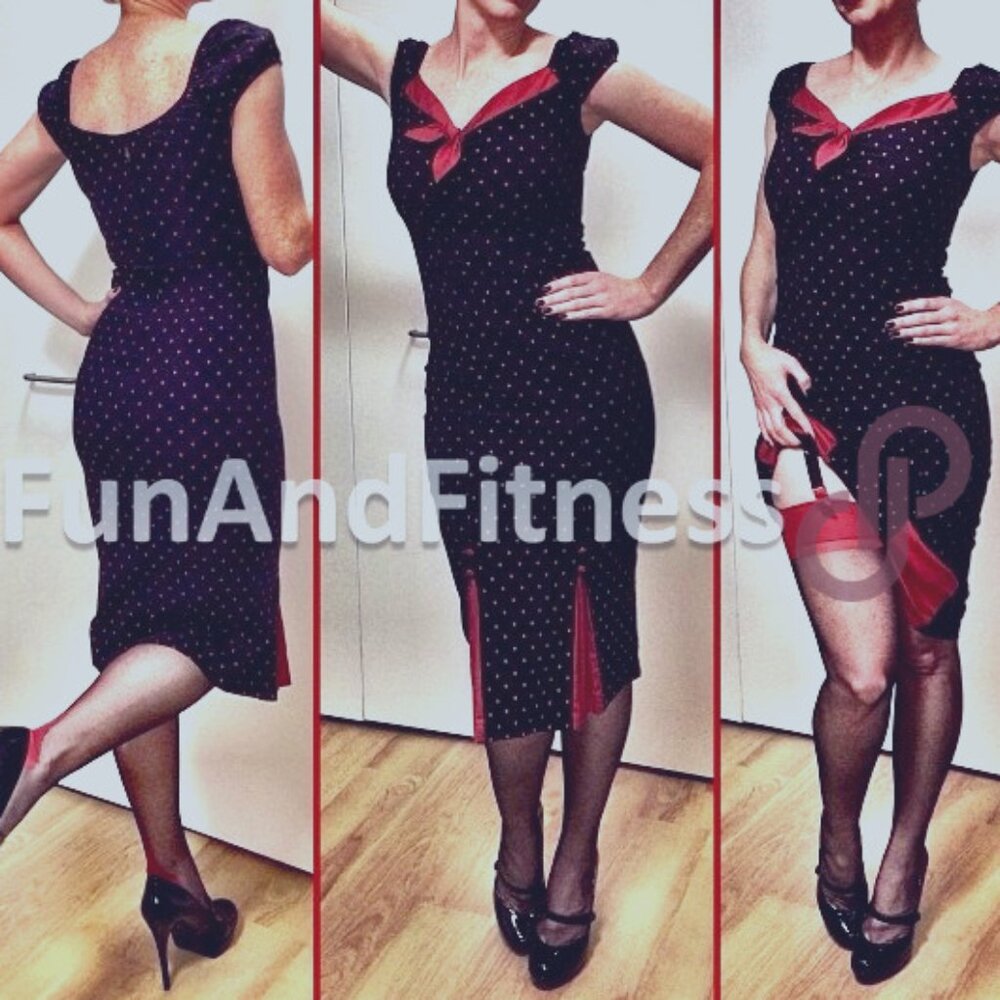 Stop Staring Retro Pinup Black w Red Polka Dots Wiggle Dress sz S